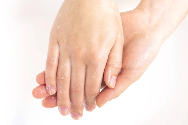 Man Washes His Hands Hands Foam Antibacterial Soap Protection Bacteria — Stock Photo, Image