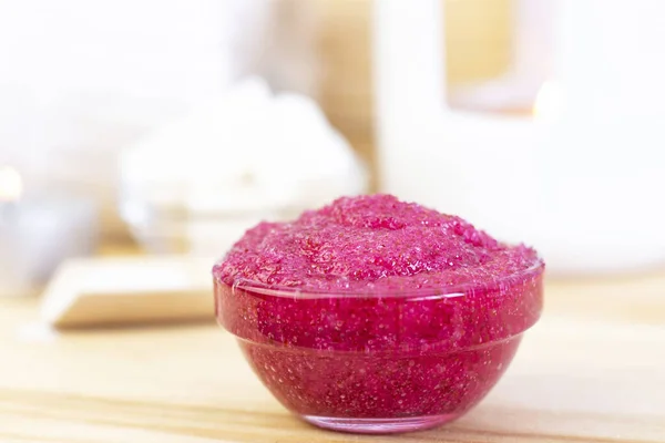 Exfoliante Natural Color Rosa Hecho Azúcar Frote Rosado Una Taza — Foto de Stock