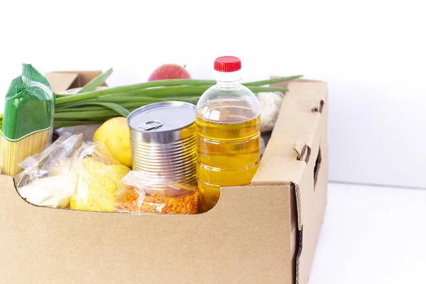 Donación Caja Comestibles Ayudar Los Productos Los Necesitados Caja Donaciones — Foto de Stock
