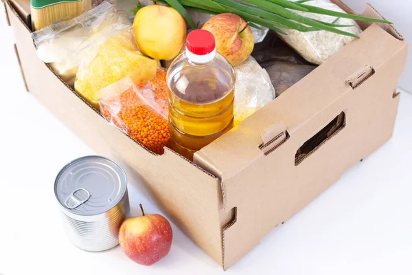 Donación Caja Comestibles Ayudar Los Productos Los Necesitados Caja Donaciones — Foto de Stock
