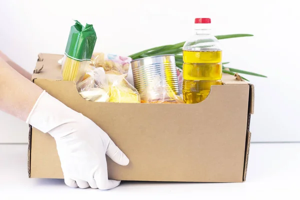 Donation Box Hands Rubber Gloves Cardboard Box Food White Background — Stock Photo, Image