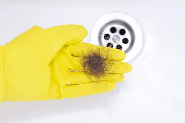 Dirty Fallen Hair Gloved Hand House Cleaning Bathroom Hair Sink — Stock Photo, Image