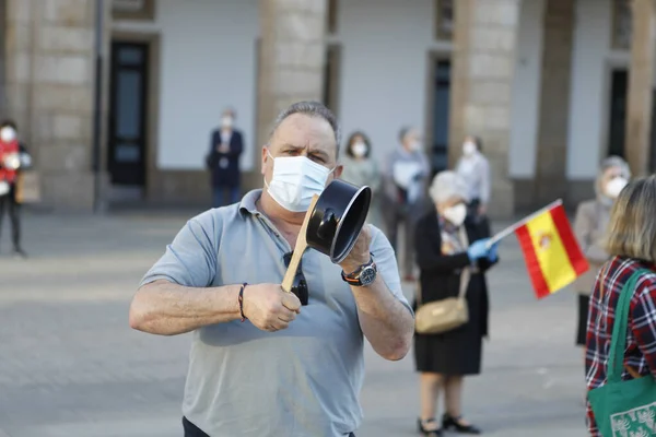 Coruña España Manifestante Panista Con Mascarilla Protestando Tocando Una Cacerola — Foto de Stock