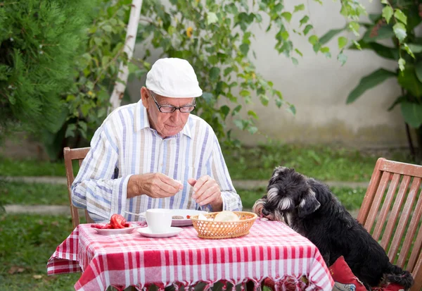 Παλιά ο άνθρωπος τρώει στον κήπο με το σκύλο — Φωτογραφία Αρχείου