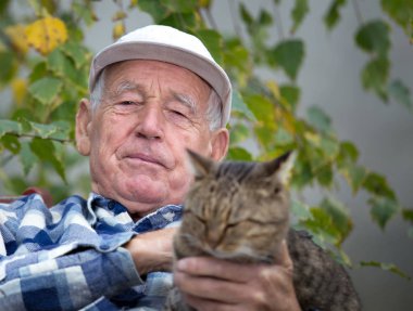 Yaşça daha büyük kedi avluda adamla