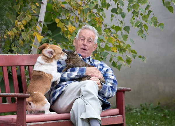 Homme âgé avec des animaux domestiques — Photo