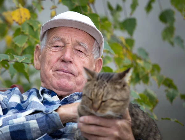 Старший мужчина с котом во дворе — стоковое фото