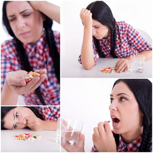 Collage von Mädchen, die Tabletten nehmen — Stockfoto