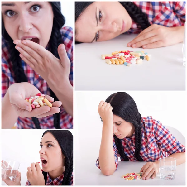 Colagem de menina tomando pílulas — Fotografia de Stock