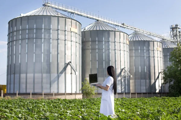 Agronomo con computer portatile con silos dietro — Foto Stock