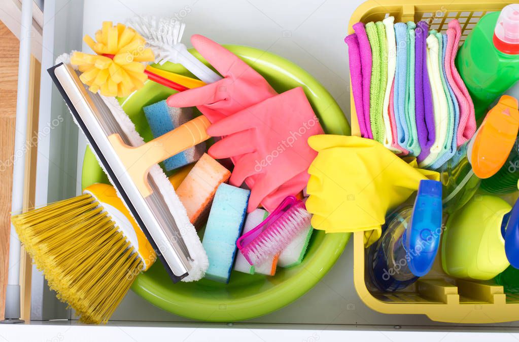 Cleaning supplies in drawer