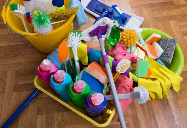 Cleaning supplies and equipment on floor — Stock Photo, Image