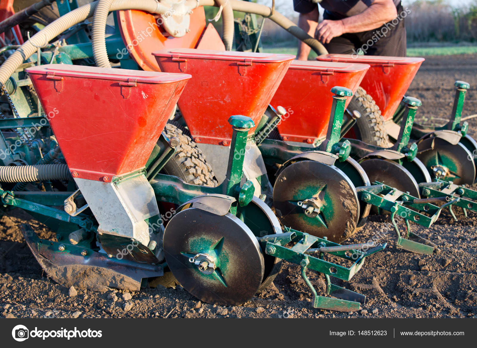 Seeder for sowing attached to tractor on soil — Stock Photo © budabar