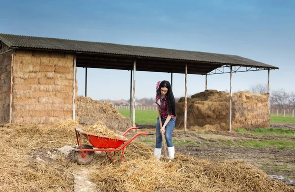 Kvinna som arbetar smutsiga fungerar på gård — Stockfoto