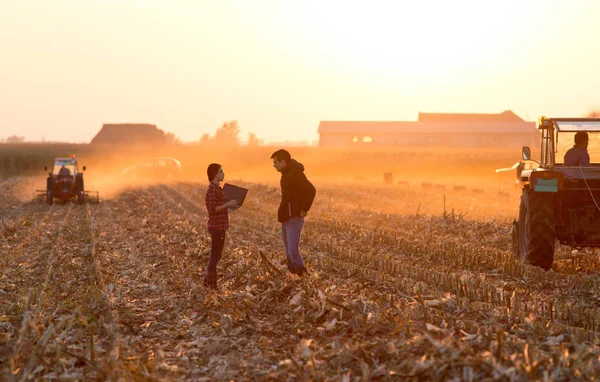 Agricultores a falar no terreno — Fotografia de Stock