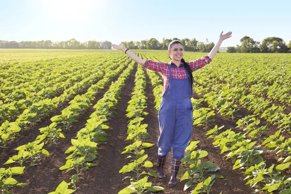 Felice contadina ragazza nel campo di girasole — Foto Stock