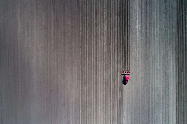 Трактор работает в поле весной — стоковое фото