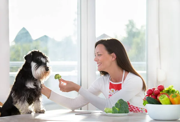 Kvinna med broccoli till hund — Stockfoto