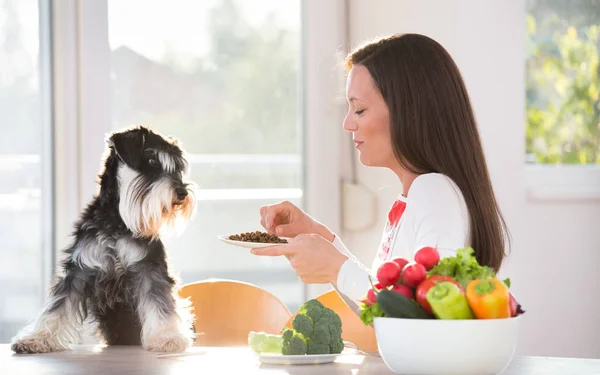 Mulher alimentando cão na mesa da cozinha — Fotografia de Stock