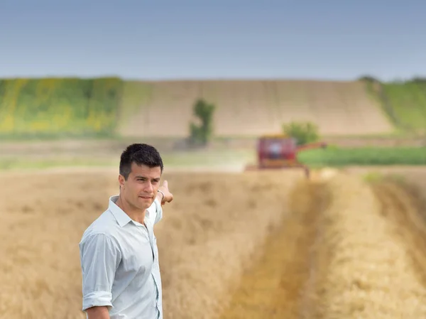 Agricultor no campo durante a colheita — Fotografia de Stock
