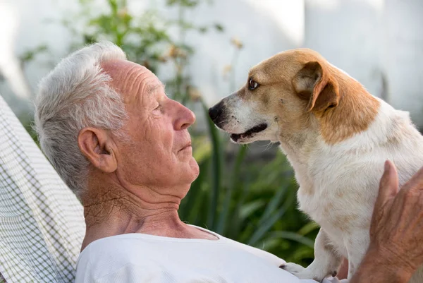Velho homem e bonito cão beijando — Fotografia de Stock