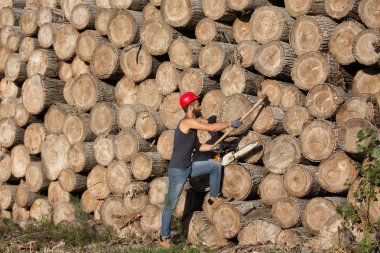 Oduncu chainsaw ve günlük yığın balta ile