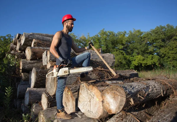 Lumberjack com motosserra e machado em troncos — Fotografia de Stock