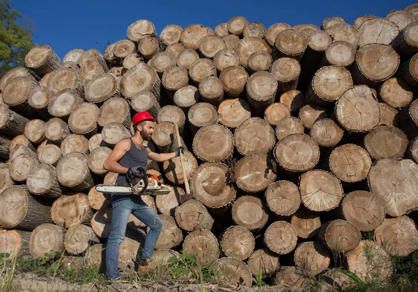 Lumberjack com motosserra e machado na floresta — Fotografia de Stock