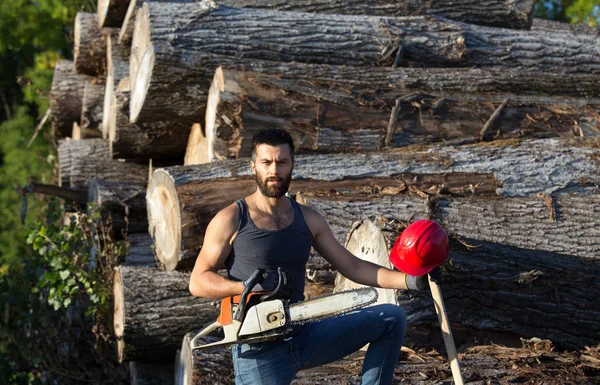Lumberjack with chainsaw and ax on trunks — Stock Photo, Image