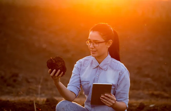 Kobieta z tabletu i ziemi Gruda ziemi — Zdjęcie stockowe