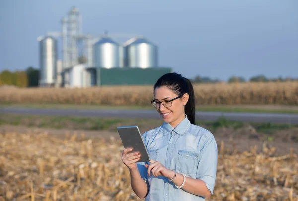 Farmer donna con tablet e silos — Foto Stock