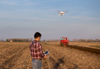Çiftçi tarım arazileri üzerinde gezinme dron