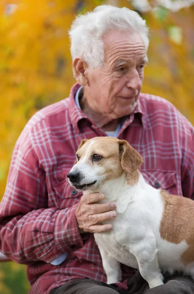 Vecchio con cane nel parco — Foto Stock