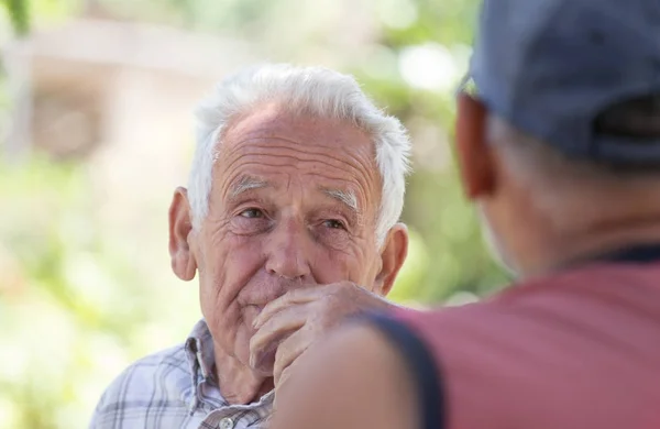 Dois homens seniores a falar no parque — Fotografia de Stock