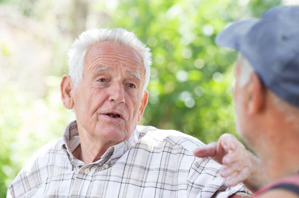 Two senior men talking in park