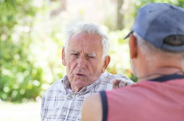Two senior men talking in park — Stock Photo, Image