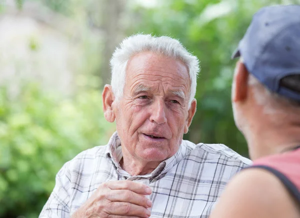 Due vecchi che bevono alcol in giardino — Foto Stock