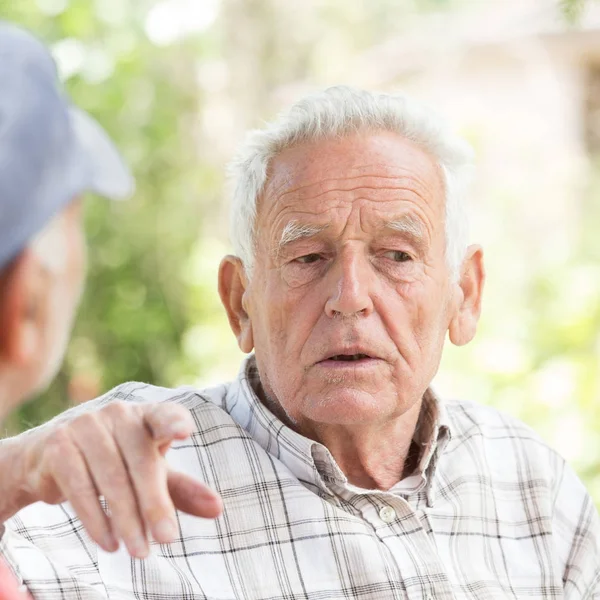 Twee senior mannen praten in park — Stockfoto