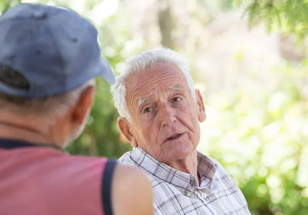 Zwei Senioren unterhalten sich im Park — Stockfoto