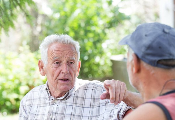 Two senior men talking in park