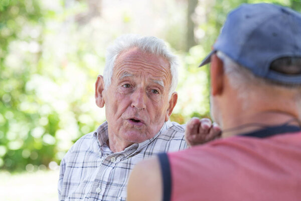 Two senior men talking in park