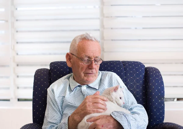 Old man with white cat in his arms at home — Stock Photo, Image