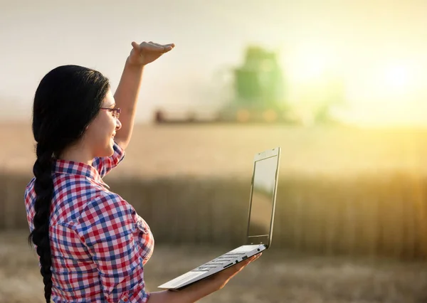 Meisje met laptop en combine harvester — Stockfoto