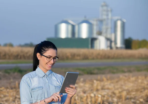 Farmář žena s tabletem a sila — Stock fotografie