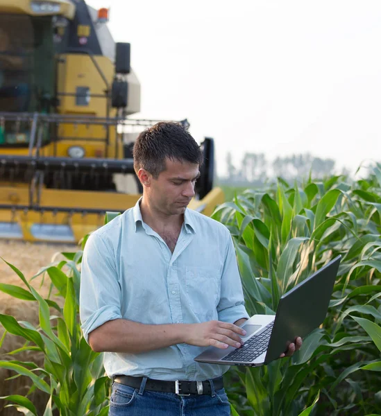 Engineer with laptop and combine harvester — Stock Photo, Image