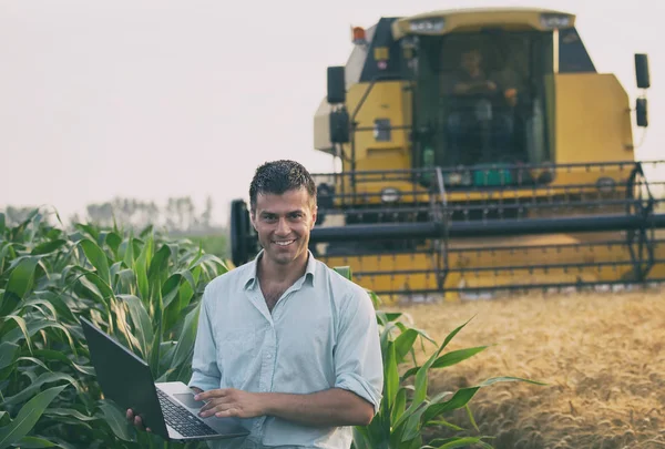 Engineer with laptop with combine harvester — Stock Photo, Image