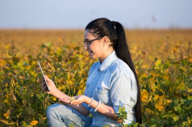 Soya alanındaki tablet ile Ziraat Mühendisi