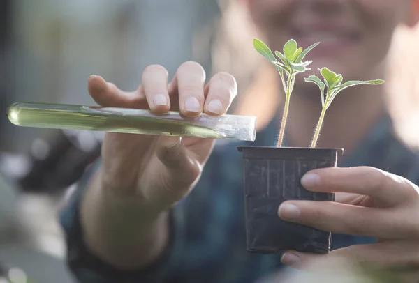 Mujer agricultora vertiendo químicos en plántulas — Foto de Stock