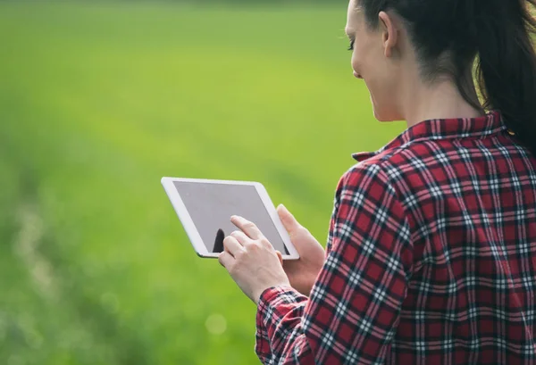 Mujer agricultora con tableta en campo verde — Foto de Stock