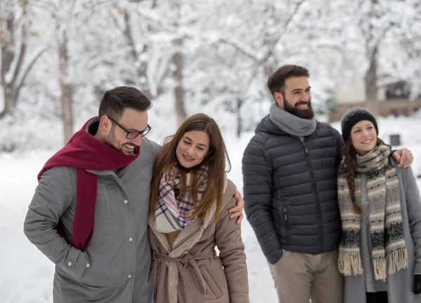 Paare spazieren im Park auf Schnee — Stockfoto